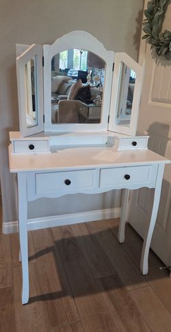 Small White Vanity Desk with Tri-Fold Mirror