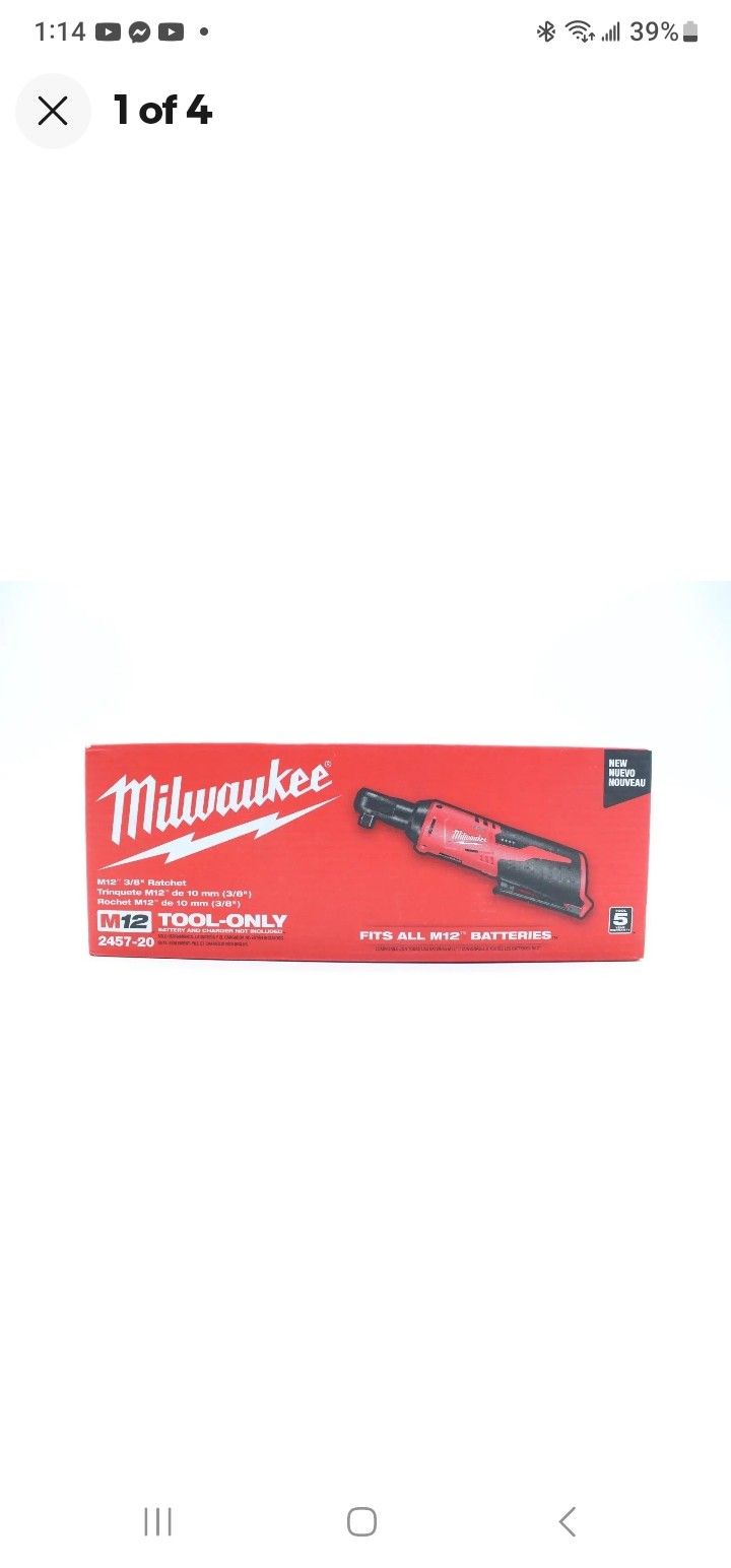 3 Days Sale ,NIB Milwaukee M12 Cordless 3/8" Ratchet, 2457-20 , New Firm