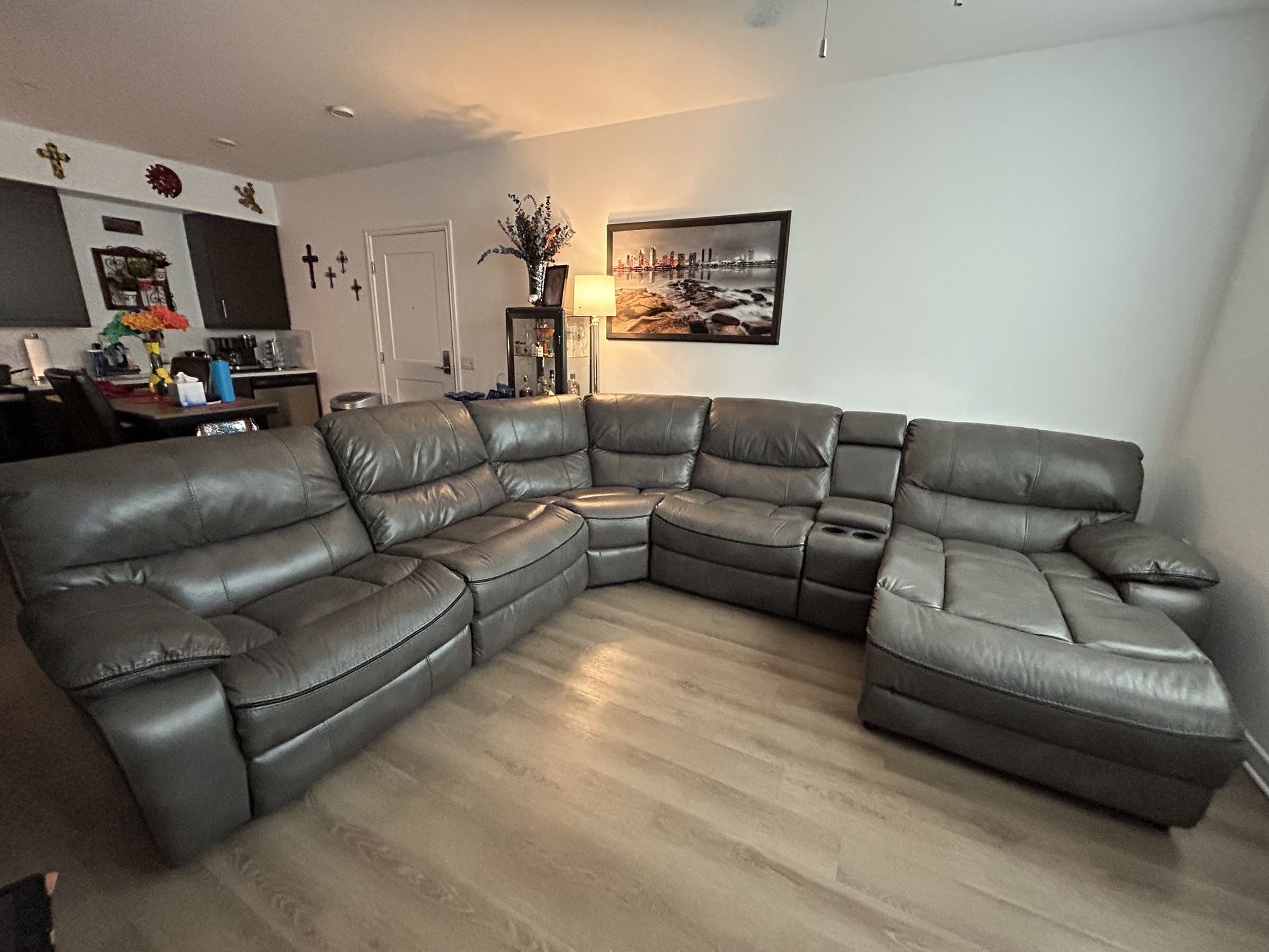 Grey Faux Leather Sectional - 6 Pieces
