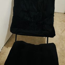 Oversized Folding Faux Fur Chair with Ottoman, X-Large Soft Saucer Chair, Foldable Metal Frame for Bedroom, Living Room, Balcony (Black)