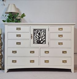 Solid Wood Tall Dresser Bedroom Chest Storage Cabinet Brass Hardware Unique Accent Delivery Avail