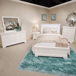 Modern White Bedroom Set with LED Lighted Headboard: 3 Piece Queen Bed, Nightstand, Dresser