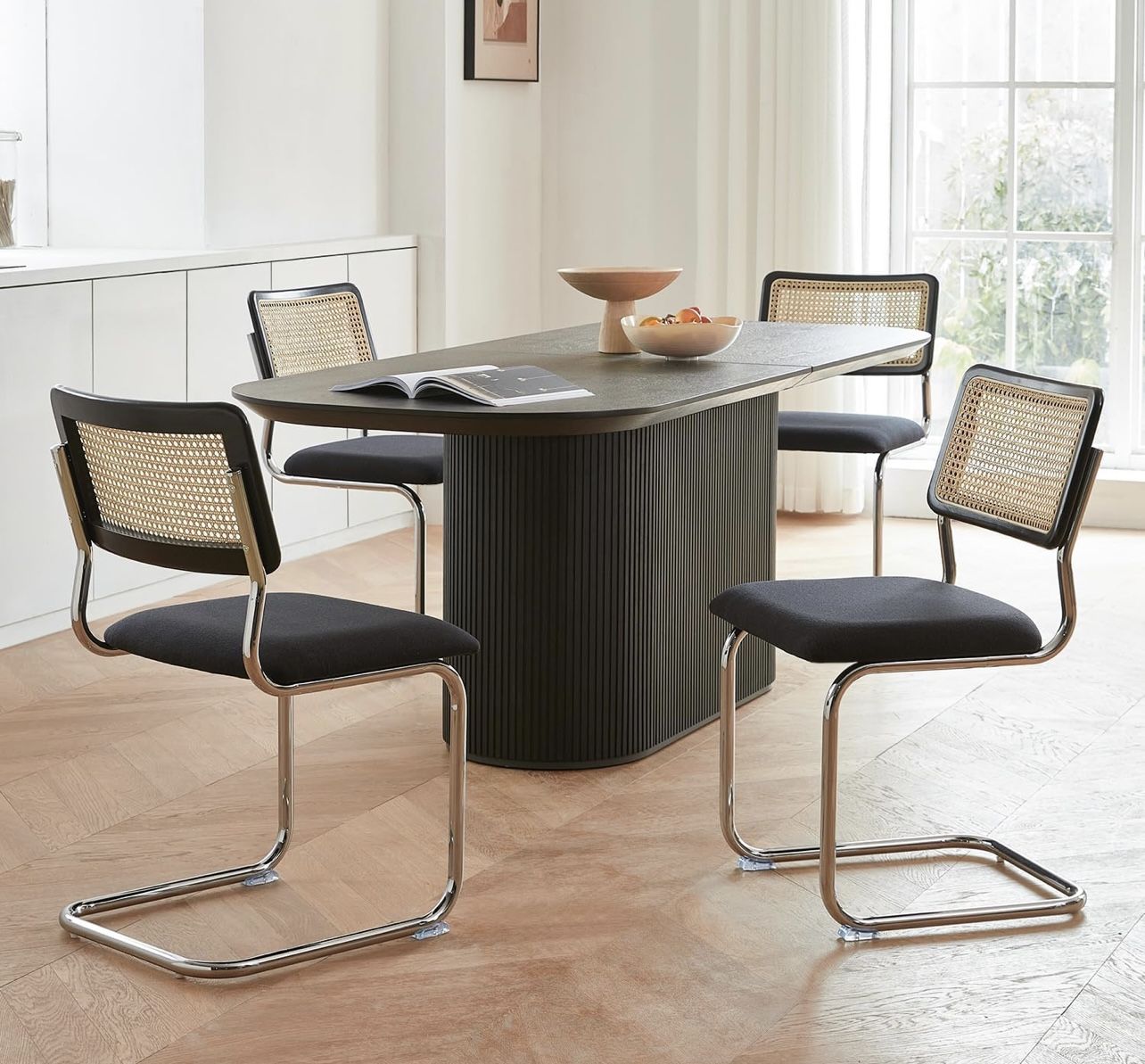 Black Chrome Rattan Dining Chairs Set of 4,Wooden Mid-Century