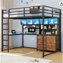 Full‑Size Black Metal Loft Bed with L‑Shaped Desk, LED & Charging Station