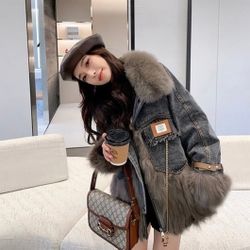 Womens Winter Parka Coat Faux Fox Fur Stitching Denim Cotton Padded Thicken Coat