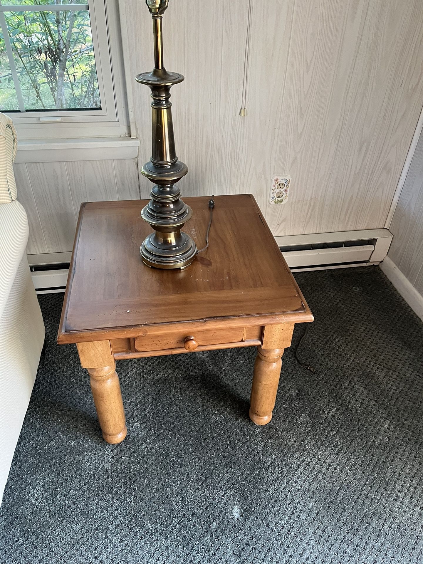 Oak Wood Finish Sturdy Side Tables With Opening Drawer.