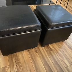 Used Pair of Brown Leather-Style Storage Cube Ottomans