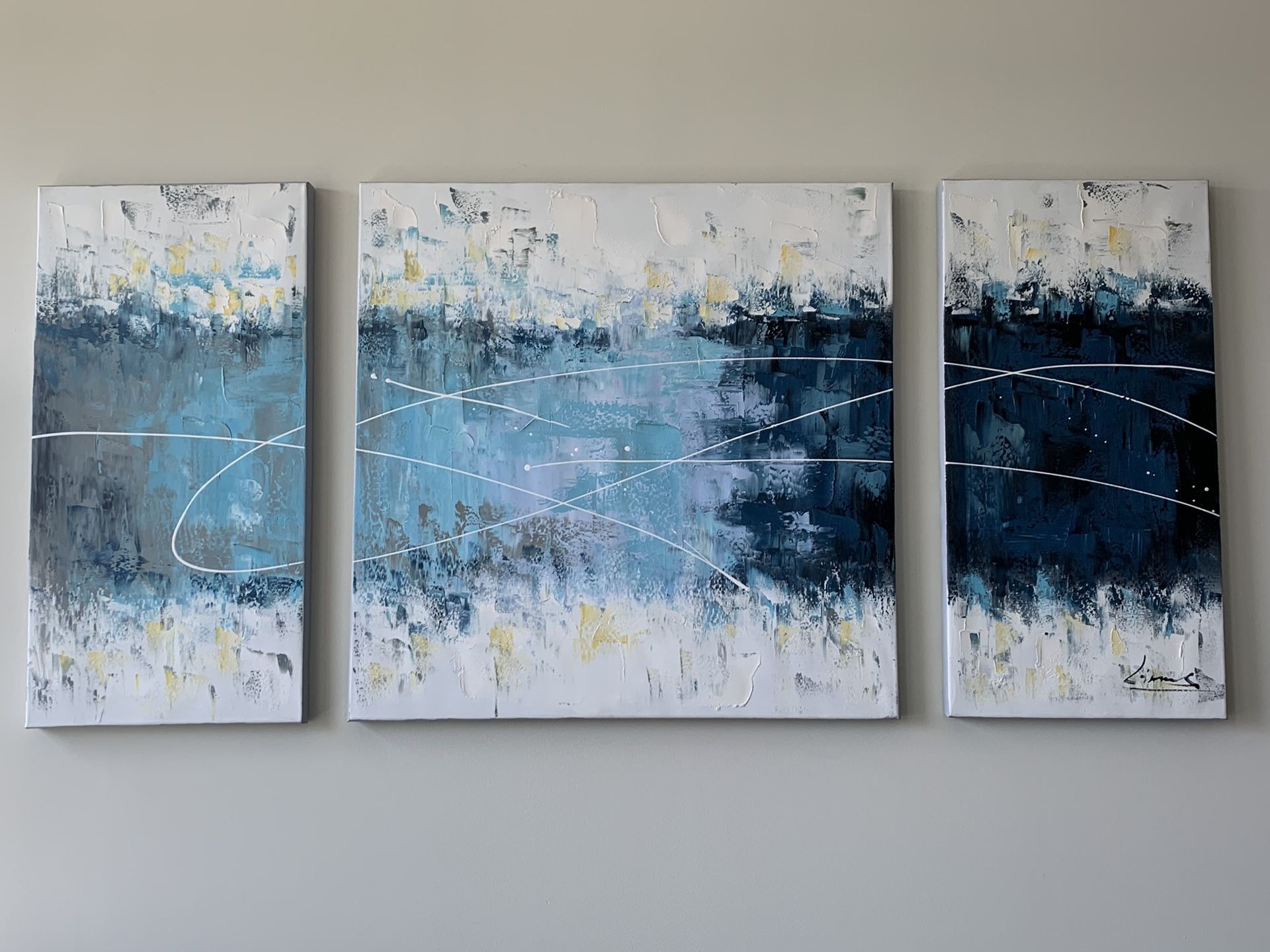 Three Piece Canvas Painting Set (Art abstract blue white)