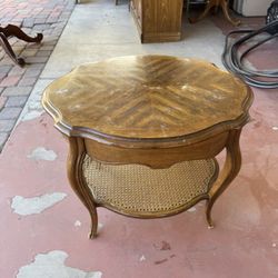 Vintage Solid Wood Accent / Side Table – Cane Shelf