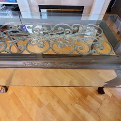 Metal Inlay Glass Dining Table with 5 chairs and matching coffee table