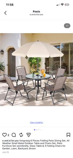 Vongrasig 6 Pieces Folding Patio Dining Set, All Weather Small Metal Outdoor Table and Chairs Set, Patio Furniture Set w/Umbrella, Glass Table & 4 Fol