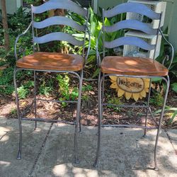 1990s Ethan Allen "Legacy" Collection French Country Iron & Wood Bar Stools - Set of  2 