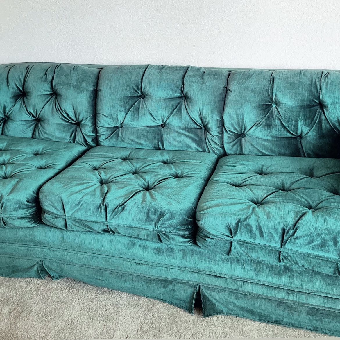 Hollywood Regency Sofa and Loveseat SET- Vintage Tufted Velvet Emerald Green