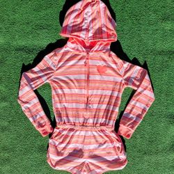 Cat & Jack Girls Med 7/8 Zip-Up Hooded L/S Soft Fleece Pink Striped Romper EUC