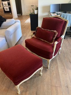 Vintage red velvet lounge chair & ottoman