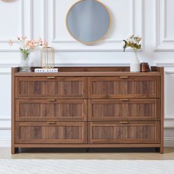55.1" W 6 Drawer Double Dresser with Fluted Front, Modern Wooden Dresser