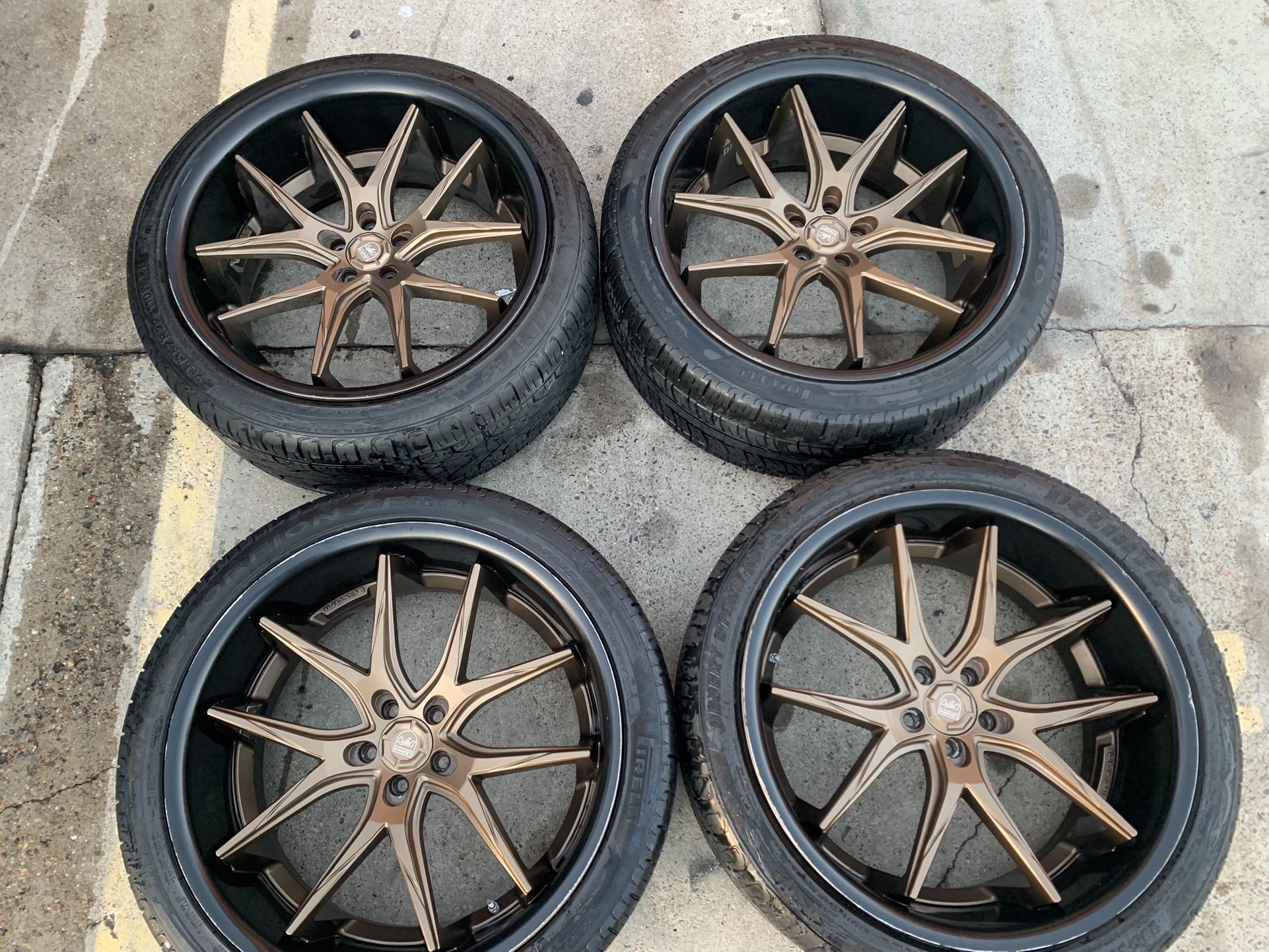 (4) 20" Lexani Wheels R-Twelve Satin Bronze Center w Black Lip Rims