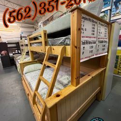 Twin Full Natural Bunk Bed With Mattresses Trundle New Cama 