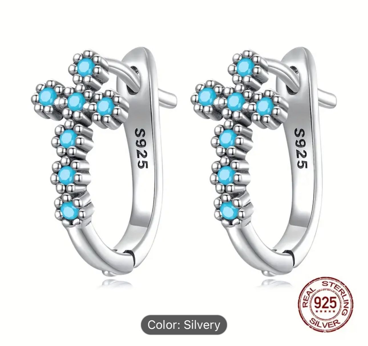 Elegant Boho-Chic 925 Silver Turquoise Cross Hoop Earrings – Ideal for Daily Style & Special Gifts