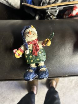 Snow Man Figurine , Santa Hanging Sign And Stocking 