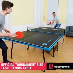Official Size Indoor Table Tennis Pong Table, 4 Piece Foldable Design with Net, Paddles & Balls – Blue/Black