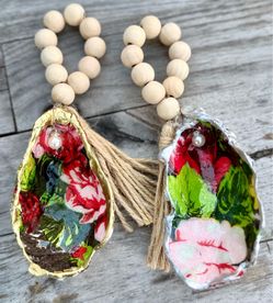 Handmade oyster shell ornaments – colorful flowers/host, hostess gift/coastal dinner party decor