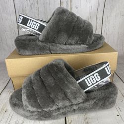 NEW womens UGG Fluff Yeah slide sandal slippers charcoal grey size 10 And 6