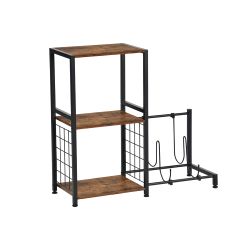 ROKER 3-Tier 31.5"x29.5” Storage Shelf with Side Wine Rack, Display Stand, Rustic Brown Wood Look and Black Metal for Kitchen, Dining, Living Room
