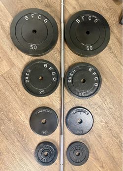 BRAND NEW:  7 ft Standard Bar With VINTAGE Cast Iron Weight Plates: 50s,25s, 10s,  And 5s. (Total: 205 lbs)