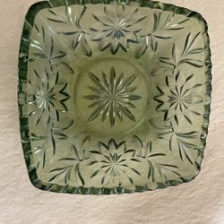 Vintage Green Glass Candy Dish, Flowers And Leaf Pattern, 6.5”x6.5”