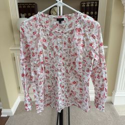 Talbots women's floral button-up top in pink and white