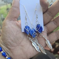 Royal Blue Stone Jewelry Set With Feathers