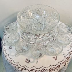 Vintage Crystal Glass Set With Punch Bowl 