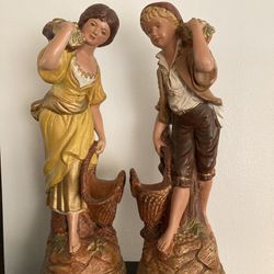 Vintage MARWAL Chalkware Country Boy And Girl Statues