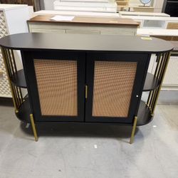 New 2-Door Elegant Curved Dining Cabinet with Gold Trim and Woven Rattan Doors for Dining Room