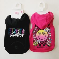 Size Small 13" Justice Sport Fuschia Pink Hippy Peace & Black Justice Puppy Dog Coat Jacket Hoodie Hooded Sweatshirt Set for Pets. New with Tags! 100%