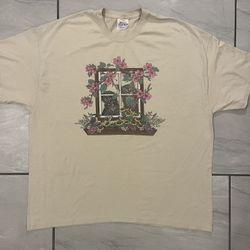 Vintage 90s Y2K Tan Khaki Kittens Cats Flowers  Graphic T Shirt Size 2XL Birds
