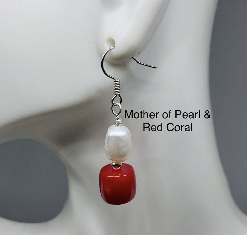 Red Genuine Coral & Pearl Handmade Earrings