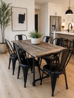 RESTORATION HARDWARE FLATIRON TABLE AND 6 REMY CHAIRS