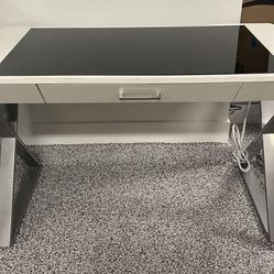 Bayside White Computer Writing Desk W/ Glass Top And 2 Outlets/2 USB Ports