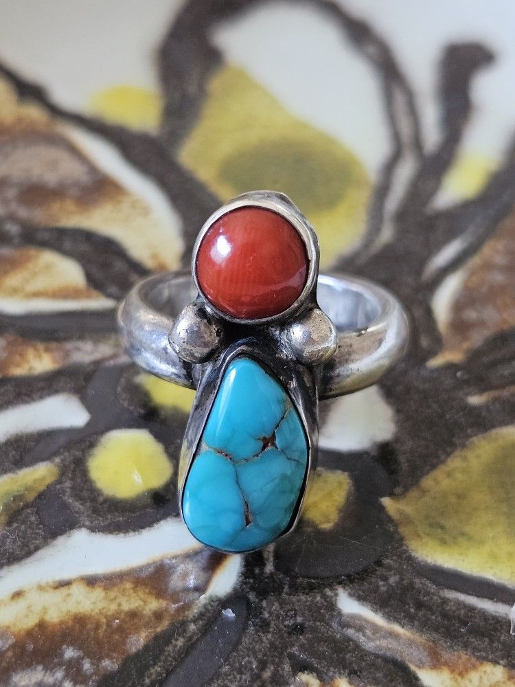 Vintage Turquoise And Coral Ring Size 5 NO OFFERS