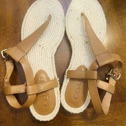Coach Leather Espadrille Brown Strappy Thong Flat Sandal Women's Size 7.5 B