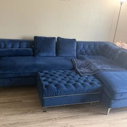 Blue Couch  tufted  diamond embroidery 3 pillows and blue ottoman