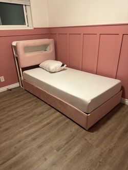 Pink Upholstered Twin Bed with Storage Drawers