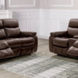 Brand New Brown Top Grain Leather Power Reclining Sofa & Loveseat 
