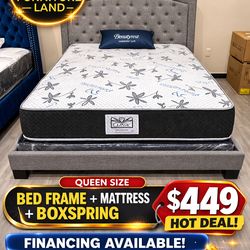 Queen Bed Set ONLY $449! (Frame + Mattress + Boxspring)”