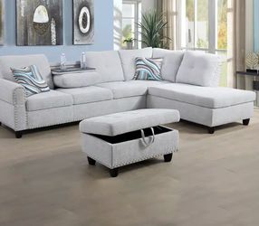 Light Gray Sectional Sofa with Storage Ottoman- finance available