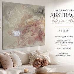 Large Modern Abstract Resin Wall Art – 44” x 44” – Blush Pink, Cream & Gold