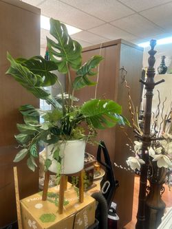 Artificial Monstera Plant with White Pot Stand