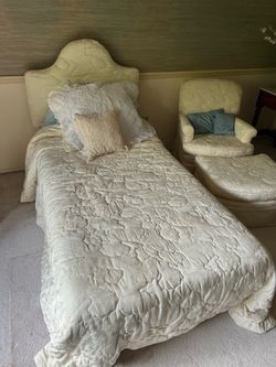 Upholstered Twin Bed + Matching Accent Chair & Ottoman